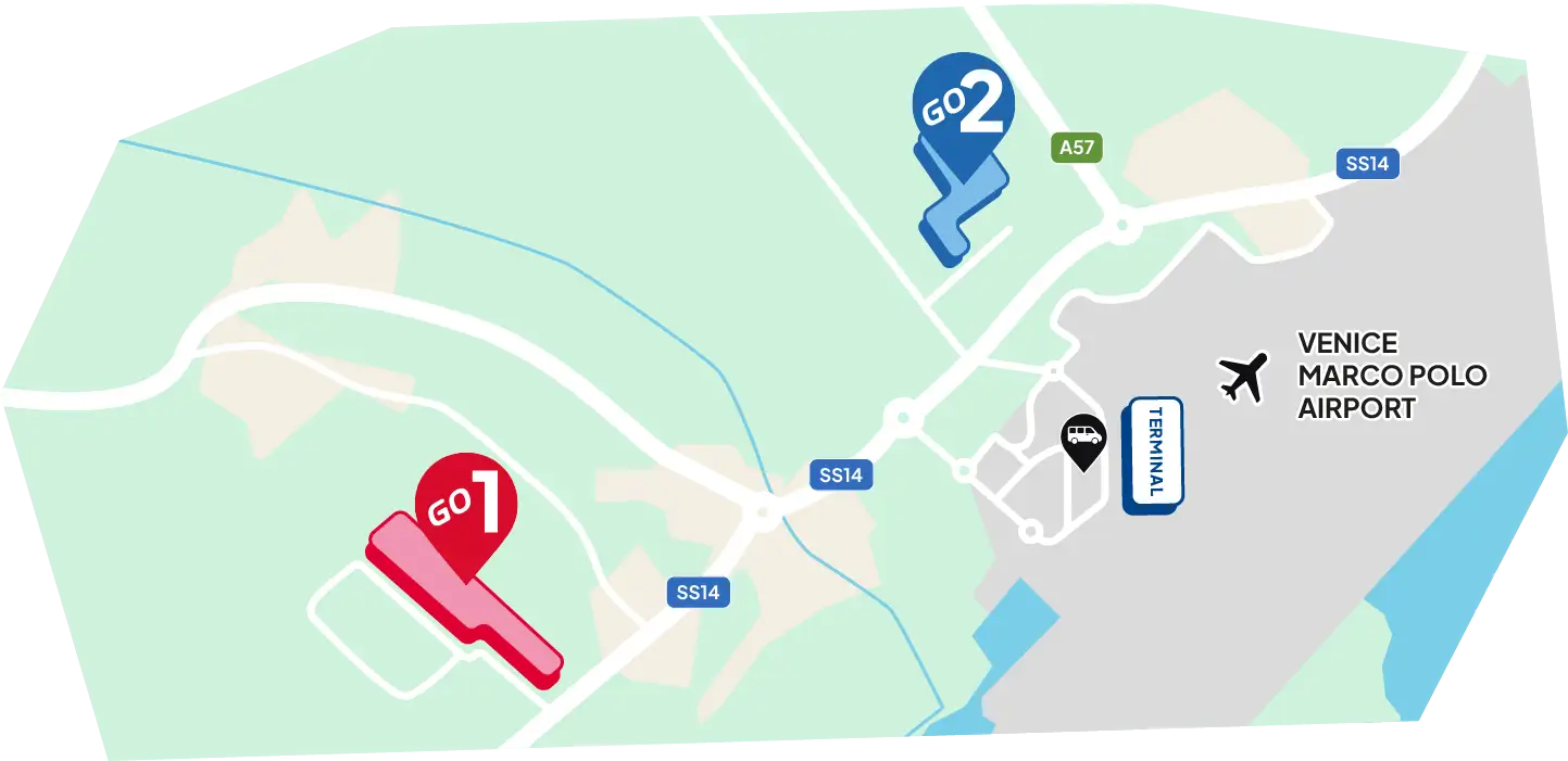 Logistikkarte der ParkinGO-Parkplätze Venedig: schnelle Verbindungen über die Via Triestina zum VCE