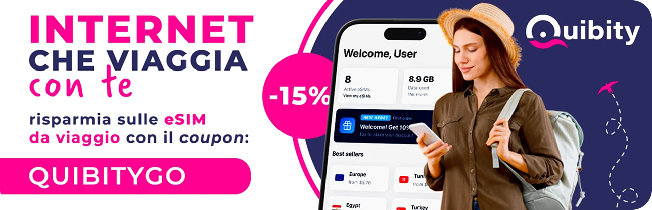 Con ParkinGO e Quibity hai subito uno sconto del 15% sulla esim per il tuo prossimo viaggio