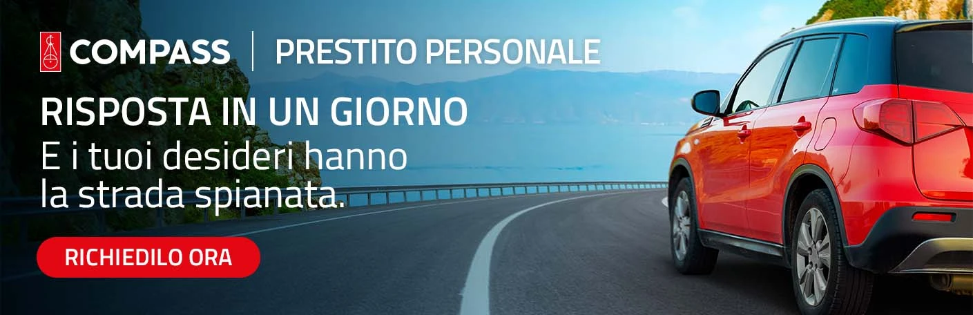 Banner Compass Prestito Personale con auto rossa su strada costiera