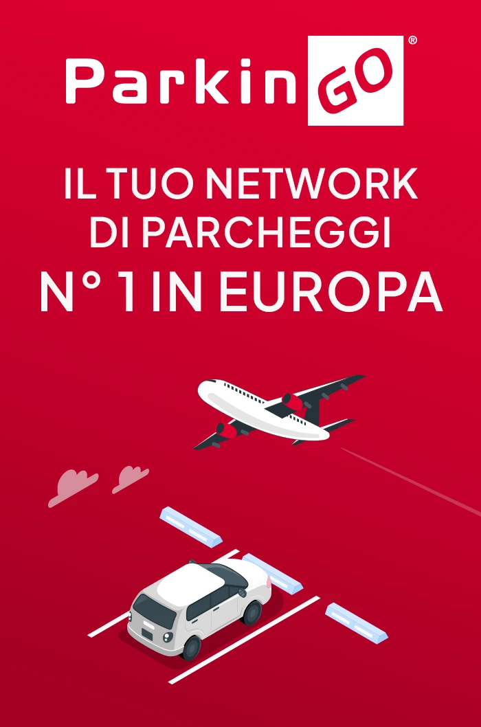 ParkinGO: il tuo network di parcheggi n.1 in Europa Ilustrazione di un auto parcheggiata con un aereo in volo