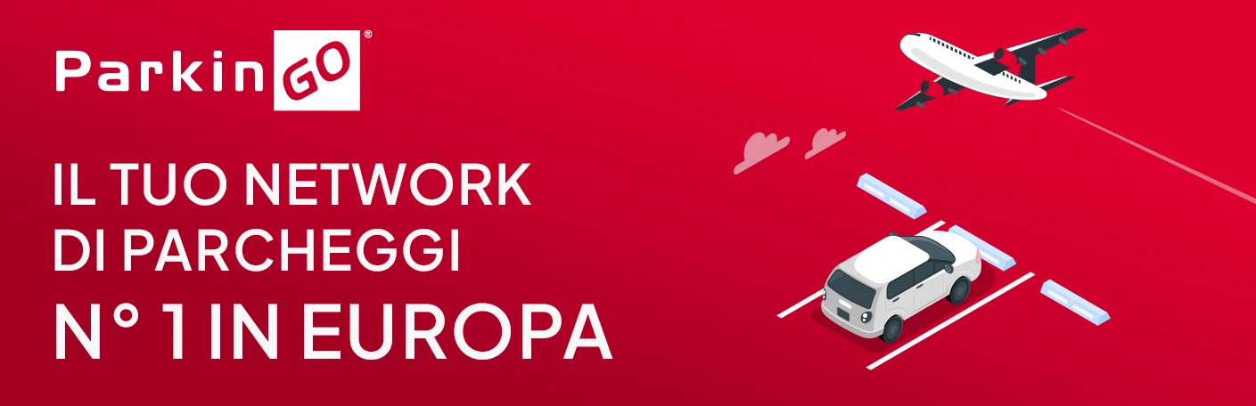 ParkinGO: il tuo network di parcheggi n.1 in Europa Ilustrazione di un auto parcheggiata con un aereo in volo