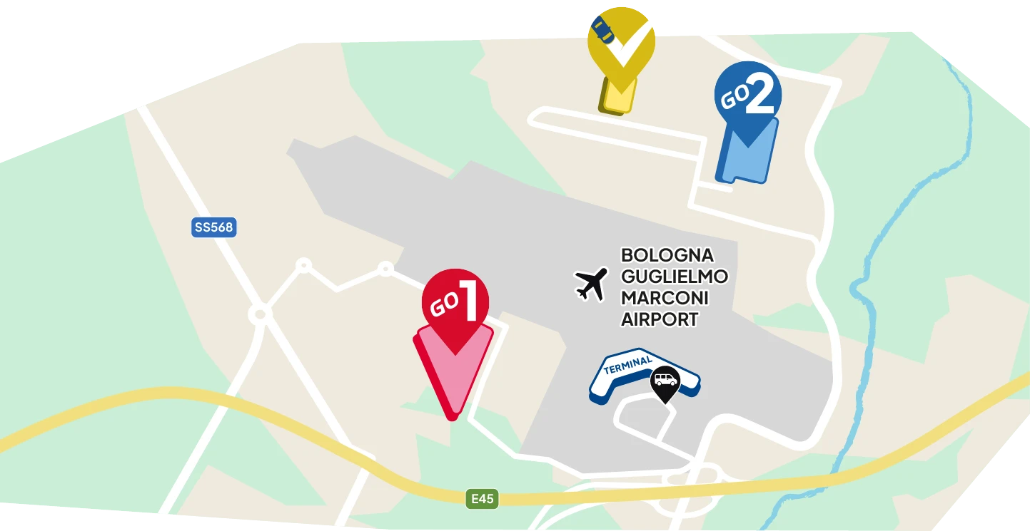 Mappa parcheggi Aeroporto Bologna ParkinGO GO1, GO2 e GO Valet